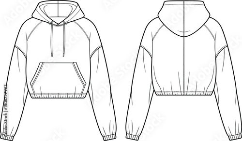 Cad drawing flat vector illustration, cropped hoodie fashion design, kangaroo pocket sketch, front back view template, garment layout artwork
