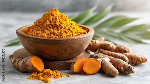 Beautifully arranged turmeric powder in a wooden bowl with fresh turmeric roots on a rustic surface.