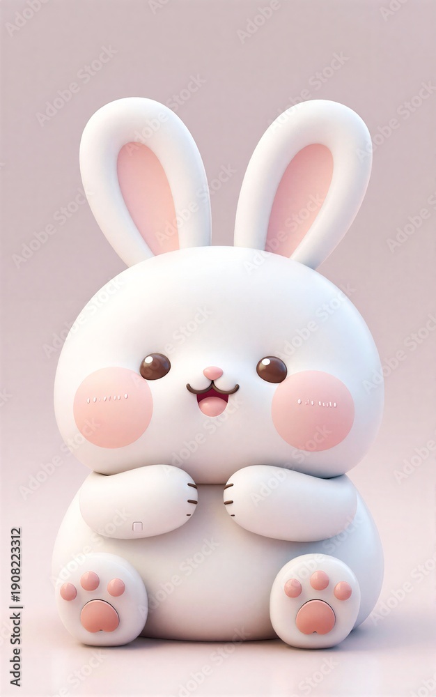 Obraz premium Cute white bunny with pink cheeks, big ears, and smiling face in soft pastel background.