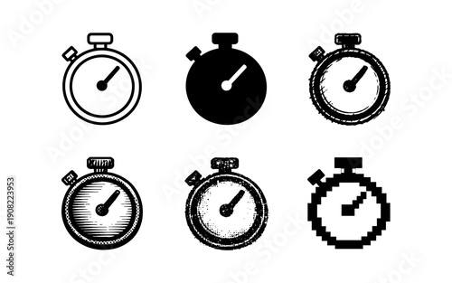 Collection of stopwatch icons in various artistic styles and formats for timekeeping
