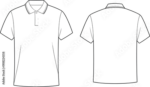 Polo shirt front and back view, short sleeve, striped collar and cuffs, button placket, casual fashion flat cad vector illustration