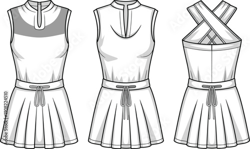 Cad drawing flat vector illustration, elegant tennis dress fashion design, pleated skirt athletic wear, front back side sketch layout