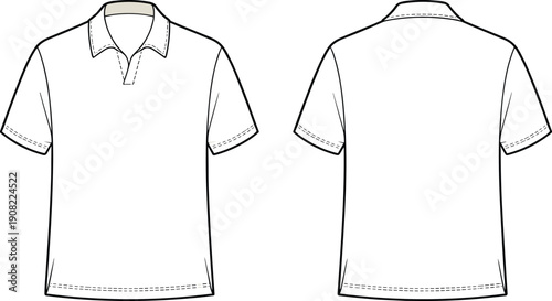 Polo shirt front and back, short sleeve design, technical sketch, fashion template, cad drawing flat vector illustration
