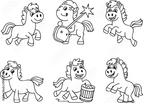 Canvas-taulu Six Cute Cartoon Horses in Various Poses with Outline Style and White Background