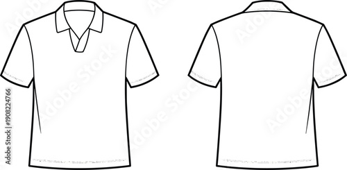 Polo shirt technical sketch, front and back views, short sleeve design, cad drawing flat vector illustration, fashion template