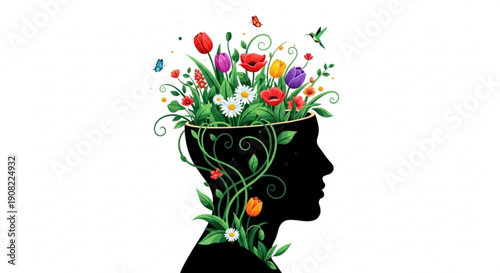 A serene silhouette of a person's head filled with lush greenery and vibrant flowers viewed from the side
