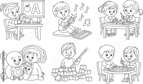 Preschool kids learning, playing, and creating in classroom activities, educational coloring page, fun school moments, indoor early childhood development