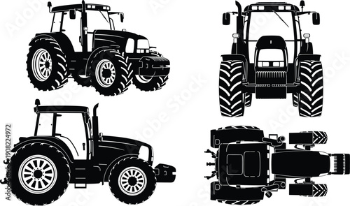 Agricultural tractor silhouette set showing front side and top views, black vector illustration for farming machinery, rural transport, heavy equipment design and industrial agriculture concepts
