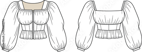 Puff sleeve crop tops fashion illustration, stylish women’s blouse design, trendy apparel sketch, wardrobe essential, square neckline, zipper detail