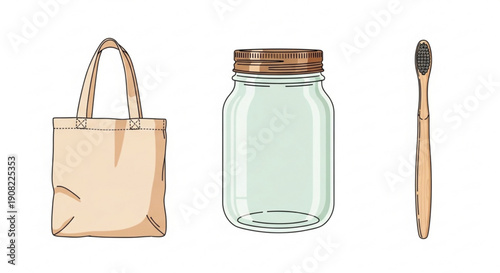 Eco-friendly tote bag, reusable jar, and bamboo toothbrush on a clean background viewed from the front