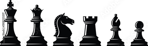chess piece silhouettes set featuring king queen rook bishop knight and pawn icons, black minimalist board game symbols isolated on white background for strategy design
