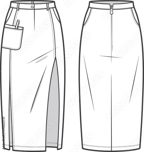 Cad drawing flat vector illustration, pencil skirt fashion design, front slit garment layout, pocket detail sketch, stylish clothing template