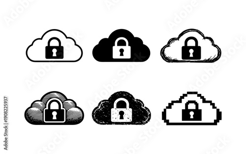 Collection of cloud icons with locks symbolizing data security and privacy protection