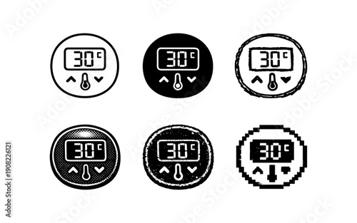 Digital thermostat icons showing 30 degrees Celsius with up and down arrows