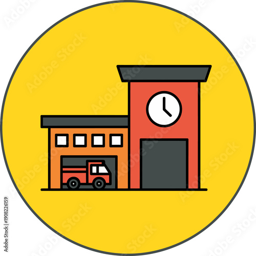 fire station with clock tower and truck