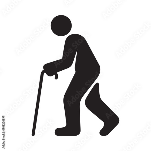 Simple black silhouette of an elderly person walking with a cane