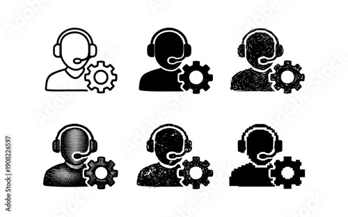 Customer service icons with headset and gear, representing support and technical assistance