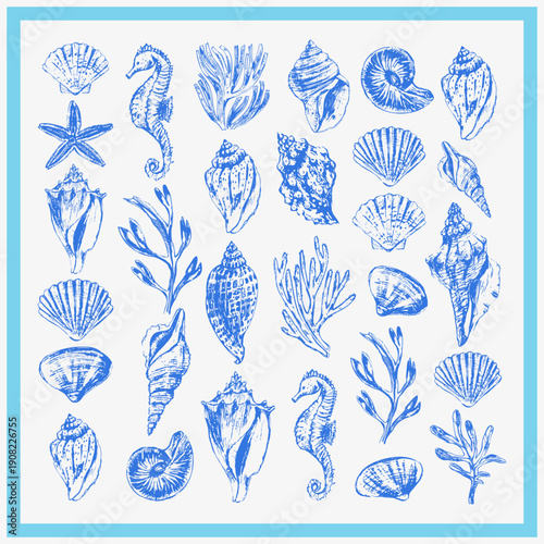 Vector sea life background. Sea creatures square scarf shawl design. Seashells, coral, star fish, seaweed, seahorse. Summer beach print.