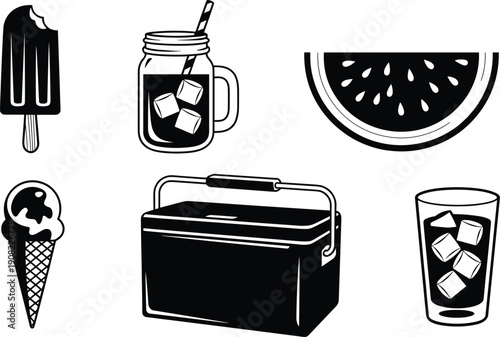 Summer refreshment icons collection, ice cream, popsicle, watermelon, iced drink, cooler box, black and white vector illustration set