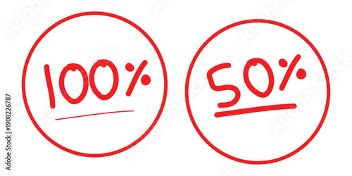 Hand Drawn Red Circles with 100 Percent and 50 Percent Symbols, Marker Style Percentage Icons Isolated on White Background