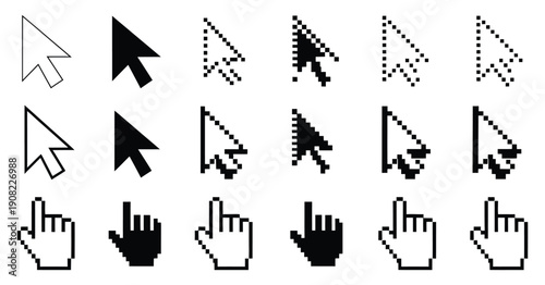 Mouse click cursor icon set, arrow and hand cursors, pixel style pointer icons. vector illustration.