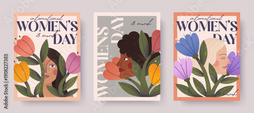 Womens Day poster set.Female portraits with flowers.Modern greeting cards celebrating empowerment, inclusion and diverse women representation. Vertical design for print, banner, social media.