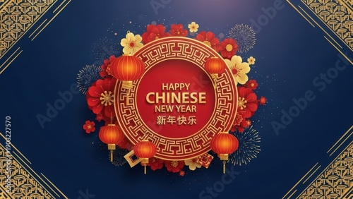 Vibrant happy chinese new year greeting card with red lanterns and gold accents on dark blue background