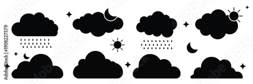 minimalist white clouds collection set of cartoon clouds. A seamless illustration features fluffy white clouds on a light blue backdrop. Cloud Icons Set in Different Shapes, Minimal Flat Weather Cloud