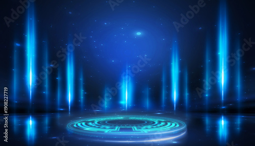 Abstract dark space, blue neon, high-tech podium, lighting effects.