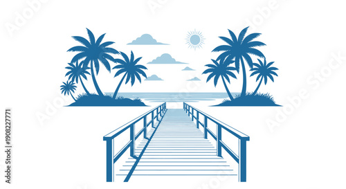 A blue tropical island scene featuring a pier leading to the ocean