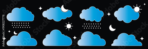 Modern Blue Weather Icons Pack, Day Night Clouds and Rain. Blue Gradient Weather Cloud Icon Set with Rain, Sun and Moon. Cloud Icons, Stars, Sun and Rain. Weather forecast icons for various conditions