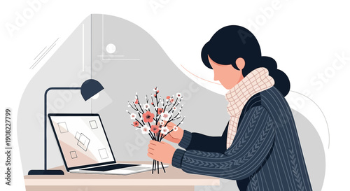 Woman arranging flowers near laptop, home office, freelance work, creative hobby