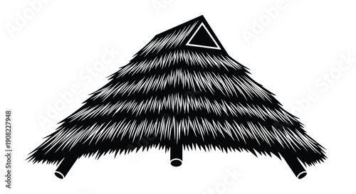 Stylized illustration of a thatched roof hut with a triangular window