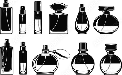 Stylized black and white perfume bottles collection with diverse shapes, decorative caps, atomizers, fragrance container vector illustration for fashion branding design