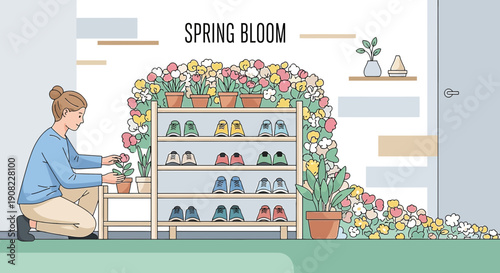 Woman Arranging Flowers on Shelf, Spring Bloom Illustration