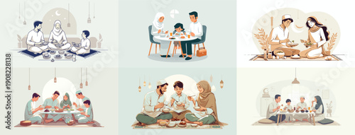 Vector of a family preparing to break the fast together. Ramadan theme. Vektor, icon, set icon, minimalist, flat
