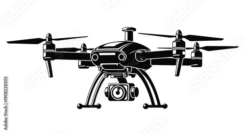 Black and white illustration of a modern quadcopter drone with a camera