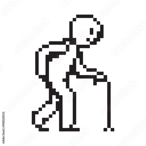 Simple black and white illustration of an elderly person with a cane
