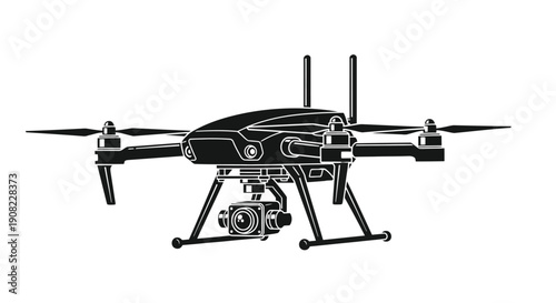 A black and white illustration of a modern quadcopter drone with a camera