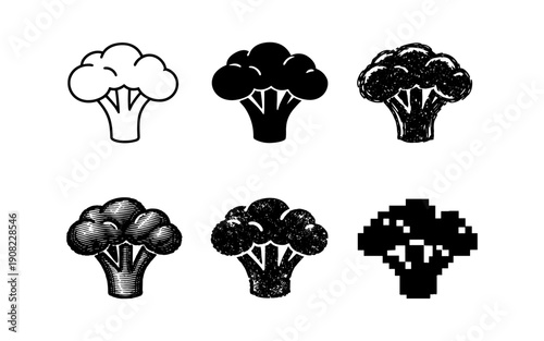 Collection of six different broccoli icons in various artistic styles and textures