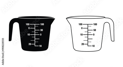 Two measuring cups one black and one white with volume markings