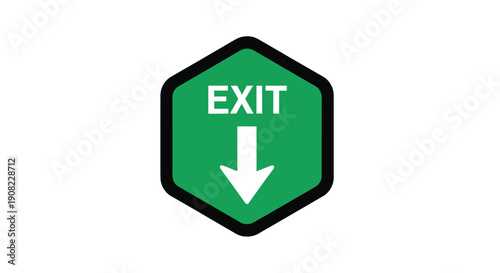 A green exit sign with a downward pointing arrow inside a black hexagon