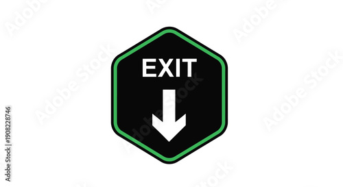 A black and green hexagonal exit sign with a downward pointing arrow