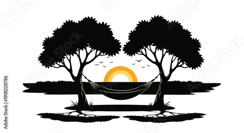 Silhouette of trees hammock and sunset over a calm landscape