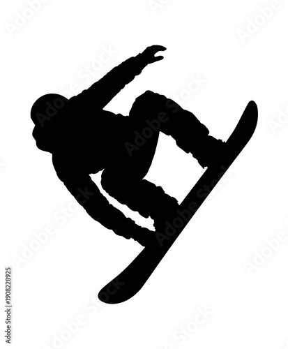 Isolated black silhouette of a snowboarder jumping in mid-air