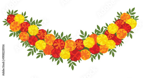 A vibrant garland of marigold flowers with lush green leaves
