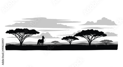 Silhouette of a donkey standing in an african savanna landscape