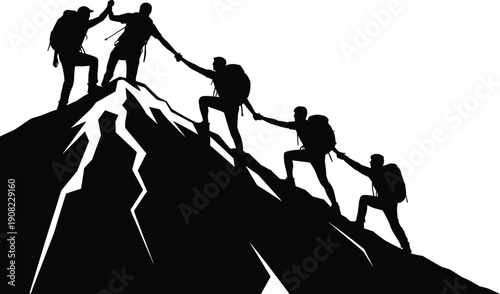 Teamwork silhouette of hikers climbing mountain peak, helping each other, adventure success concept, hiking group, cooperation, unity, outdoor challenge