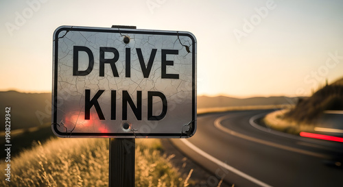 Drive Kind Road Sign with Scenic Sunset Background