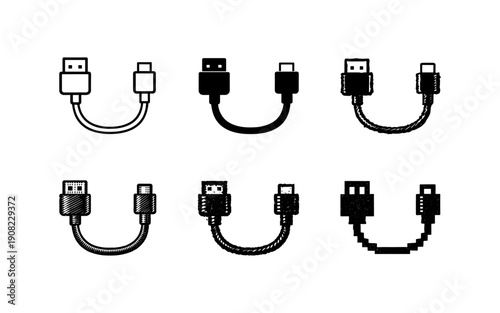 Collection of USB adapter cable icons in various styles and textures for digital design